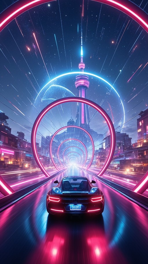 Rear view of a sleek sports car driving down a road lined with glowing pink neon rings toward a futuristic city skyline and starry night sky.