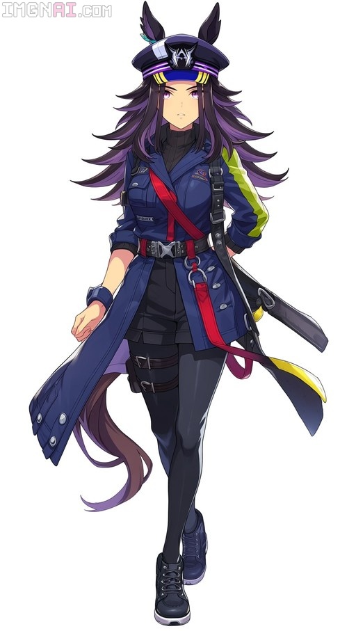 Full-body anime illustration of a horse girl with dark hair and purple eyes wearing a blue military coat and peaked cap.