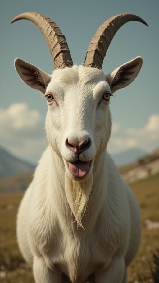 Close-up of a white goat with large curved horns and a beard looking at the viewer with its tongue sticking out against a blurred blue sky background.