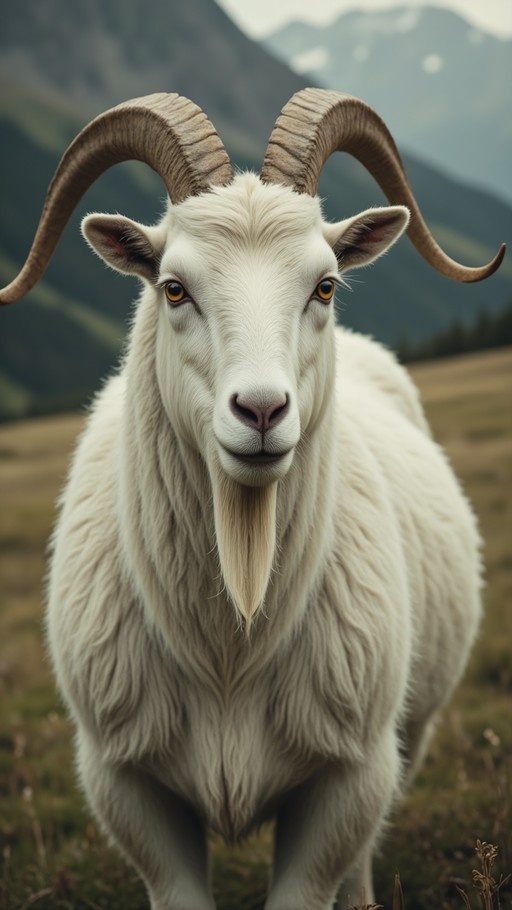 A close-up portrait of a white goat with large curved horns and a beard standing in a grassy field with mountains in the background.