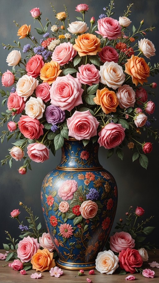 A large ornate blue vase with gold trim holds a dense bouquet of pink, orange, white, and purple roses, with scattered blooms on the wooden table below.