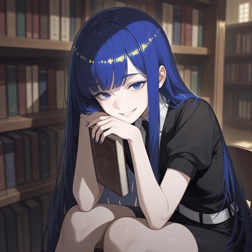 A digital illustration of Phosphophyllite from Houseki no Kuni sitting in a library holding a book and smiling.