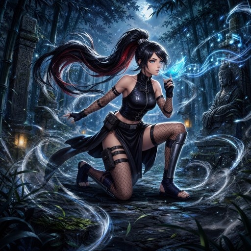 Female ninja kneeling in bamboo forest holding glowing blue feather with musical notes