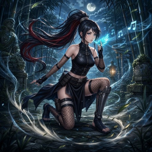 A kneeling anime-style woman with black and red hair in a bamboo forest at night, holding a glowing blue feather surrounded by musical notes under a full moon.