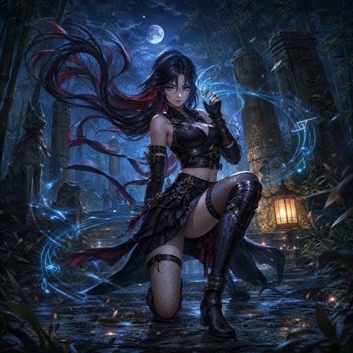 Anime woman with black and red hair kneeling in a moonlit bamboo forest casting glowing blue musical notes.