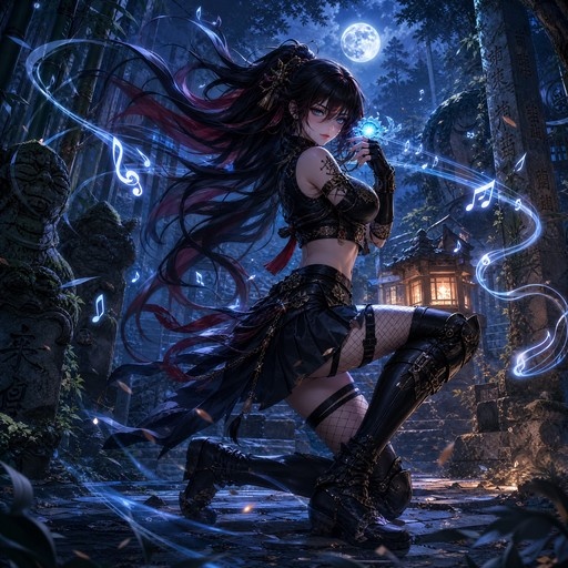 Anime girl with long black and red hair kneeling in a moonlit bamboo forest surrounded by floating blue musical notes.