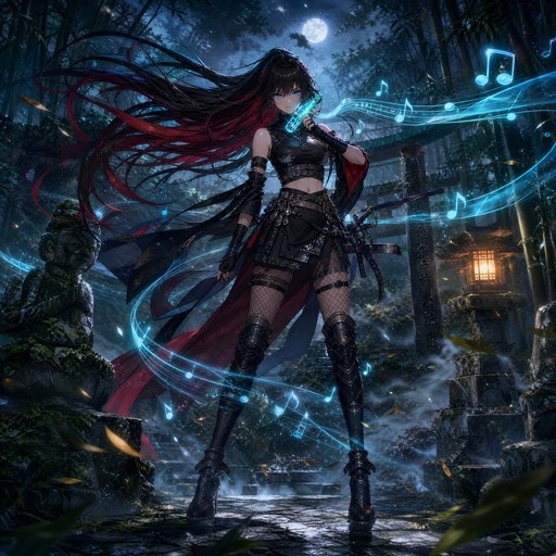 An anime-style woman with long black and red hair plays a glowing blue flute in a misty bamboo forest at night, surrounded by swirling musical notes, with a sword at her hip and a torii gate in the background.