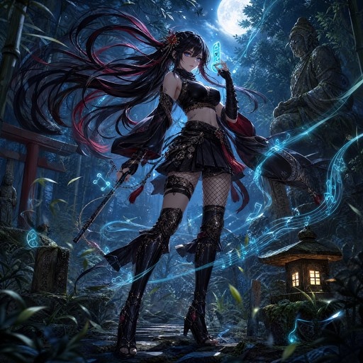 Anime girl with long black hair and red streaks playing a flute in a bamboo forest at night with a full moon.