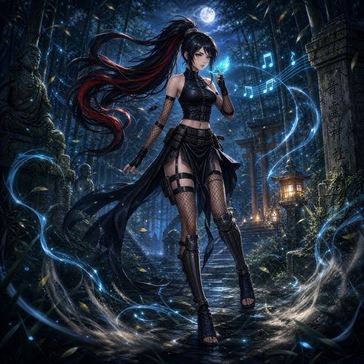 A female ninja with long black and red hair in a ponytail stands in a moonlit bamboo forest wearing fishnet stockings and leather gear while conjuring glowing blue musical notes near a shrine.