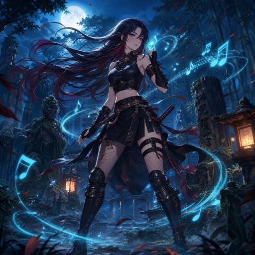 Anime-style female warrior with long dark hair and red streaks stands in a moonlit bamboo forest, surrounded by swirling blue musical notes while holding a glowing crystal.