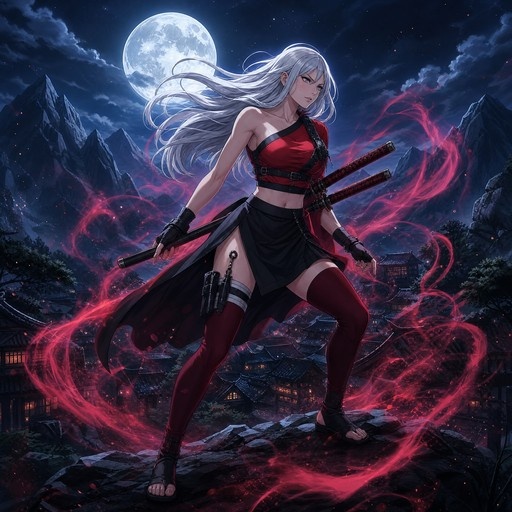 A white-haired anime woman in a red top and thigh-high boots stands ready with two swords as red energy swirls around her under a large full moon over a mountain village.