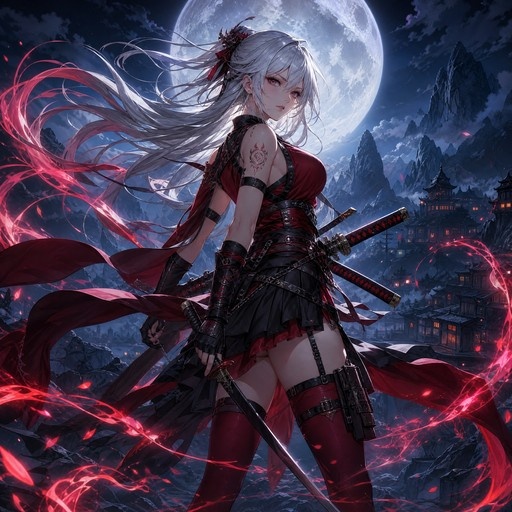 Anime-style female warrior with long white hair and red eyes holding a katana, surrounded by swirling red energy in front of a large full moon and traditional buildings.