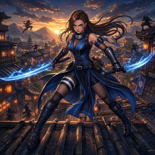 A full-body digital illustration of a dark-skinned female ninja with long brown hair standing on a tiled roof at sunset, holding two swords that glow with blue electricity while wearing a blue and black outfit with fishnets.