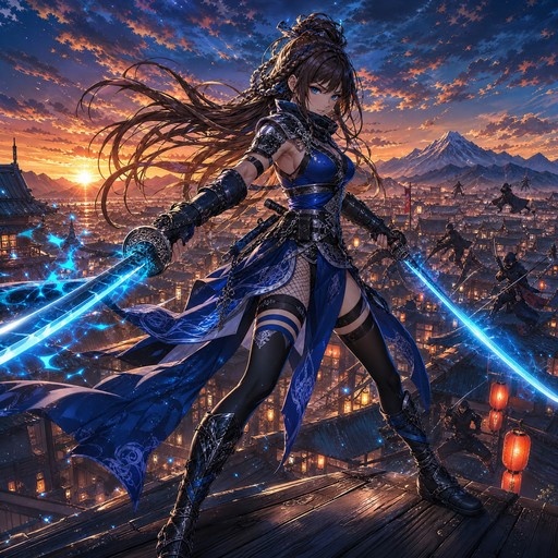 Anime girl with long brown hair and blue eyes wearing blue armor and thigh-high boots stands on a rooftop dual-wielding glowing blue swords against a sunset cityscape with mountains.