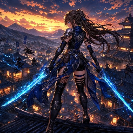 A female warrior with long brown hair stands on a rooftop holding two glowing blue swords, overlooking a traditional Japanese village at sunset with mountains in the distance.