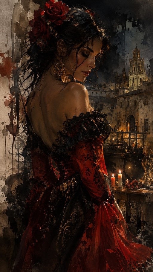 A dark-haired woman in a red and black ballgown with roses in her hair looks back over her shoulder near candles and a night cityscape.