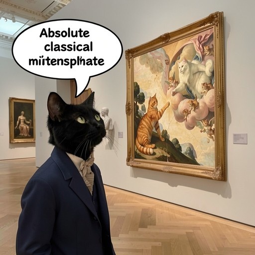 A black cat in a blue suit and bowtie stands in an art gallery looking at a large framed painting of cats in a classical style, with a speech bubble reading "Absolute classical miirtensphate".