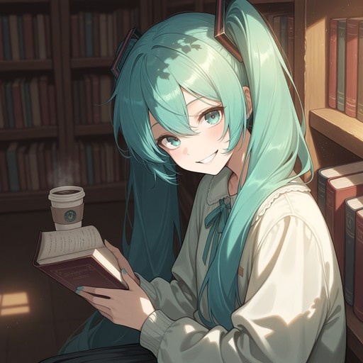 Hatsune Miku with long teal twin-tails holding an open book and smiling in a sunlit library with a coffee cup nearby.