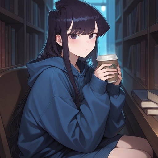 Komi Shouko wearing a blue hoodie sits in a chair holding a coffee cup, surrounded by bookshelves in a library setting.