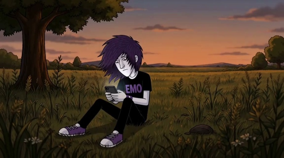 An animated purple-haired boy in an EMO shirt sits in a grassy field looking at his phone as the sun sets.