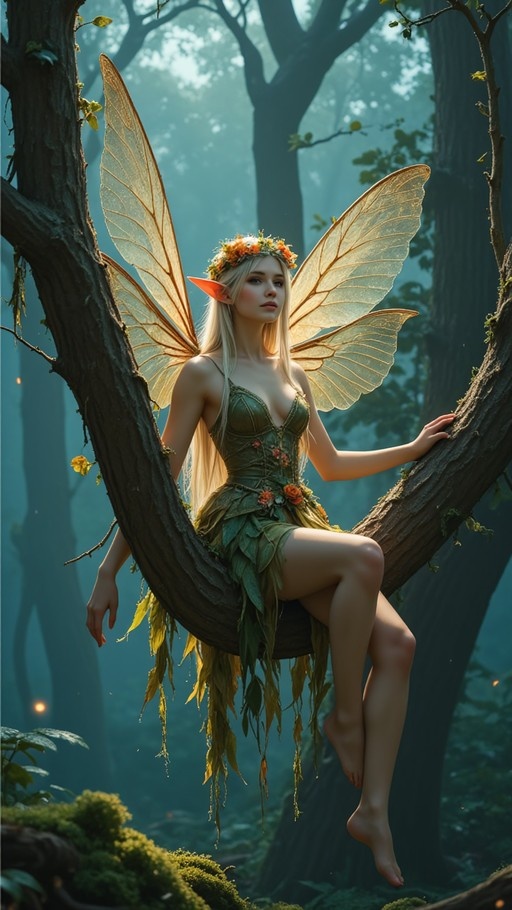 A blonde fairy with pointed ears and large translucent butterfly wings sits on a tree branch in a misty forest, wearing a green dress and flower crown.
