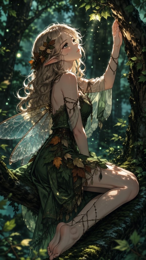 A barefoot blonde fairy with pointed ears and translucent wings sits on a mossy tree branch in a sunlit forest, wearing a green leaf-adorned dress.