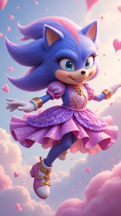 A cheerful female anthropomorphic hedgehog with blue fur and pink hair streaks floats in a cloudy sky wearing a purple dress and white gloves.