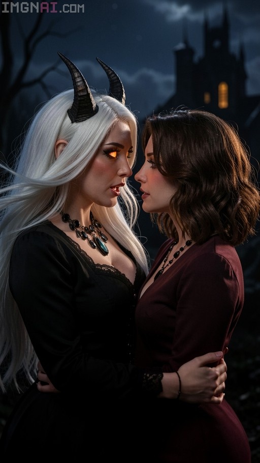A pale woman with long white hair and black horns embraces a brunette woman in a maroon dress against a dark castle background at night.