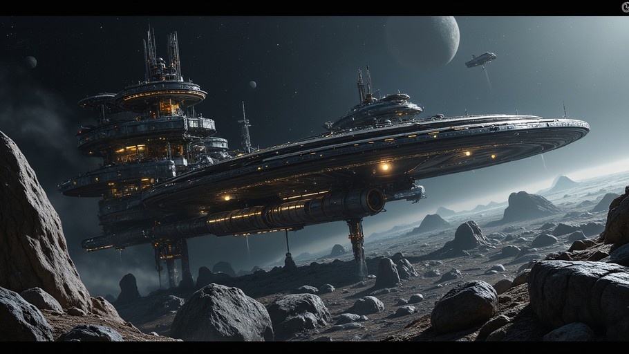 A large futuristic spaceship hovers over a rocky alien landscape under a starry night sky with a visible moon.