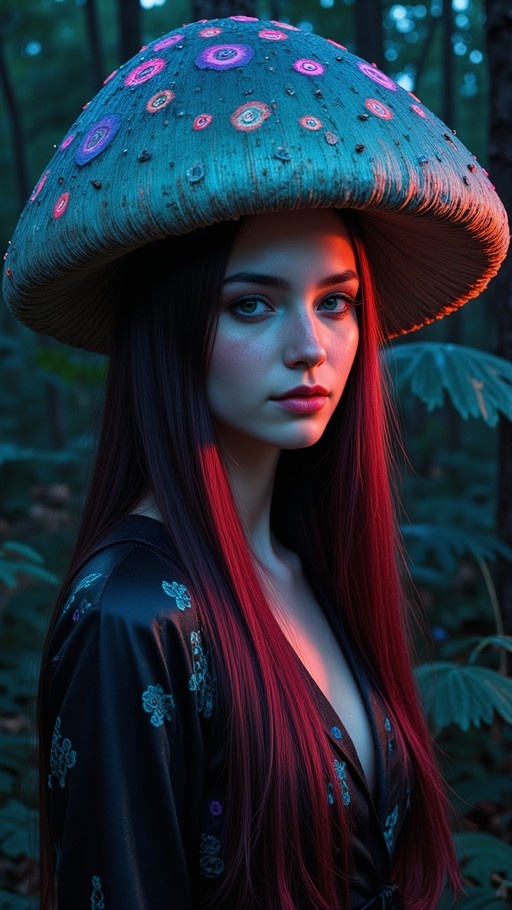 A woman with long dark hair and green eyes wearing a large teal mushroom cap hat in a forest setting.