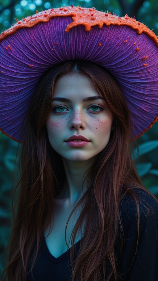 A young woman with long brown hair and green eyes wears a large purple mushroom-shaped hat with an orange rim in a forest setting.
