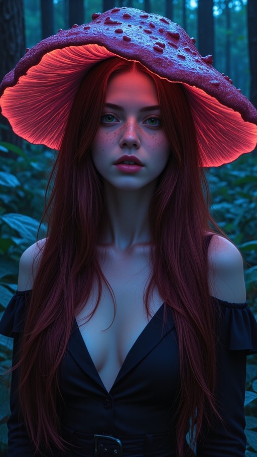 A young woman with long red hair and freckles wears a large red mushroom cap that glows from beneath, illuminating her face as she stands in a dark blue forest.