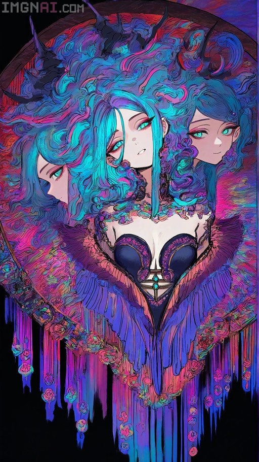 A digital illustration of a multi-headed female figure with long blue hair and teal eyes, set against a psychedelic mandala background with floral elements.