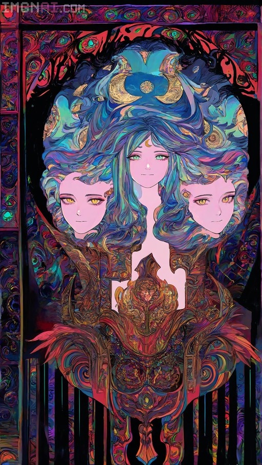 A psychedelic portrait of a three-headed woman with blue hair and yellow eyes wearing ornate armor in front of a floral mandala background.
