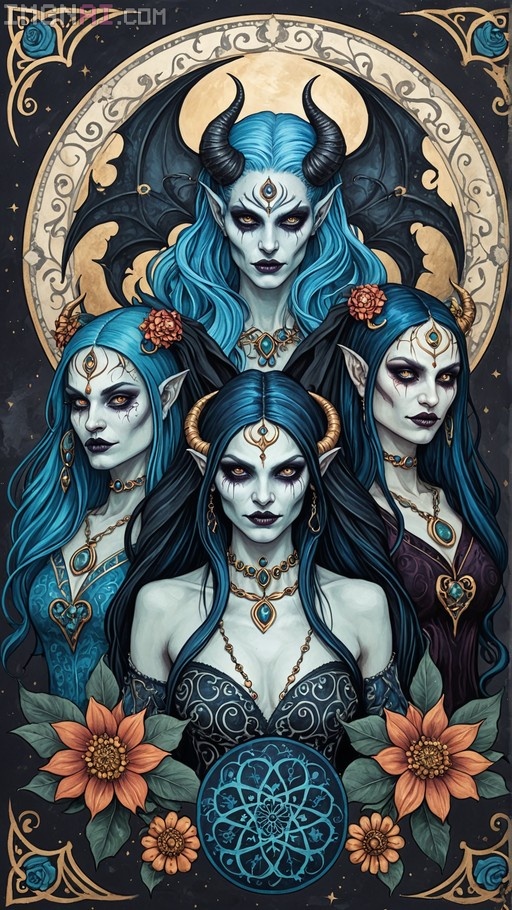 Four blue-haired demon women with horns and wings arranged in a pyramid formation within a Greek painting style composition featuring floral mandalas.