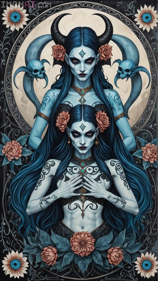 Two blue-skinned horned women with long dark hair and tattoos, framed by floral mandalas and skull motifs in a Greek painting style.