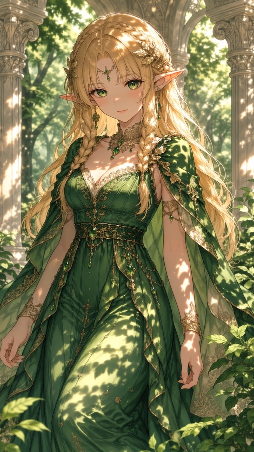 A blonde elf woman with twin braids and pointed ears wearing an ornate green dress and cape stands in a sunlit garden with stone pillars.