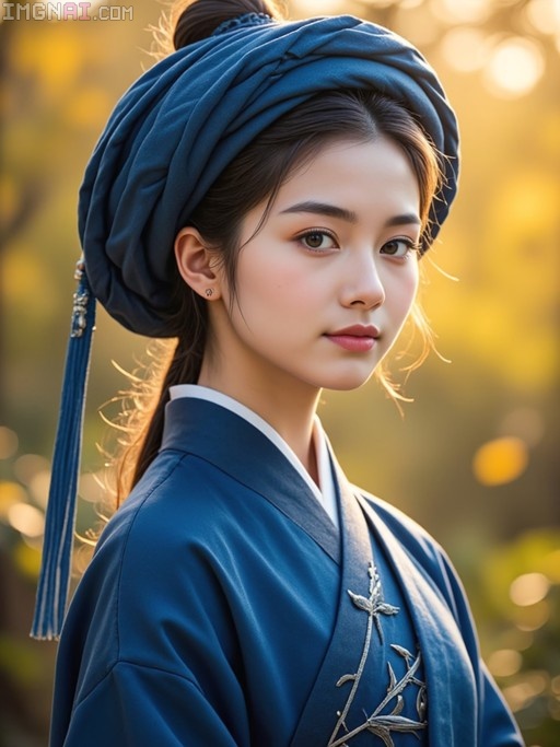 A young woman in a blue traditional robe and matching headwrap looks at the camera against a blurred golden background.