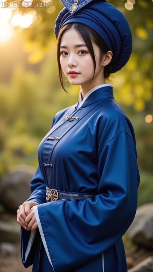 A young Asian woman in a large blue turban and matching blue traditional robe stands gracefully in a sunlit garden.