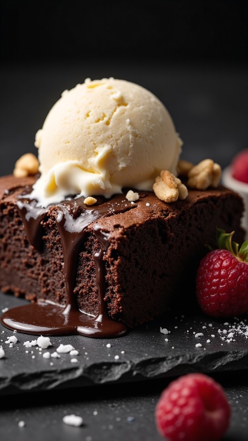 A slice of rich chocolate cake topped with a scoop of melting vanilla ice cream, drizzled with chocolate sauce, and garnished with walnuts and fresh raspberries on a dark slate surface.