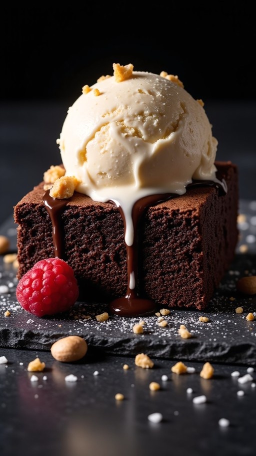 A close-up of a square chocolate cake slice topped with melting vanilla ice cream and drizzled with chocolate sauce, served with a fresh raspberry on a dark surface.