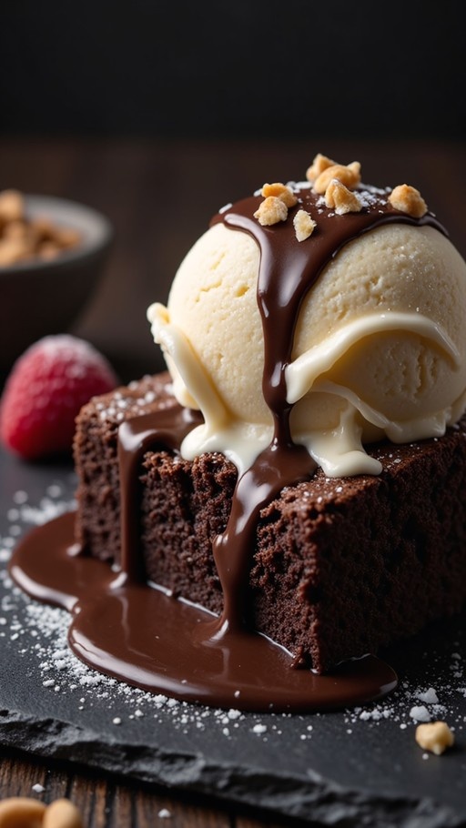 A close-up of a chocolate brownie topped with melting vanilla ice cream and chocolate sauce on a dark slate plate.