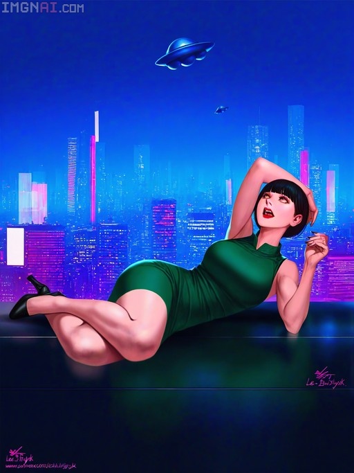 A woman with a black bob cut and red lips lies on her side wearing a green dress, looking up at a UFO flying over a blue city skyline at night.