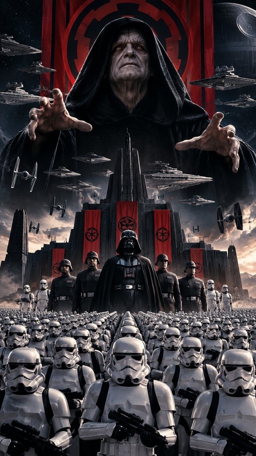 A digital illustration showing Emperor Palpatine towering over Darth Vader and an army of Stormtroopers in front of a dark fortress with flying starships.