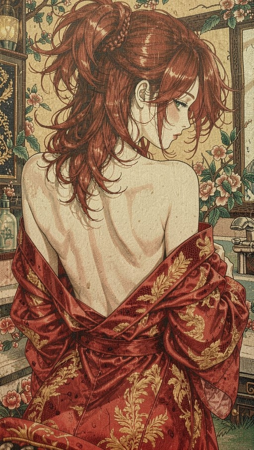 A red-haired woman in a red and gold kimono looks over her shoulder with bare back exposed.