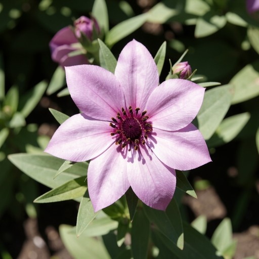 A single light purple flower with six petals and a dark center surrounded by green leaves.