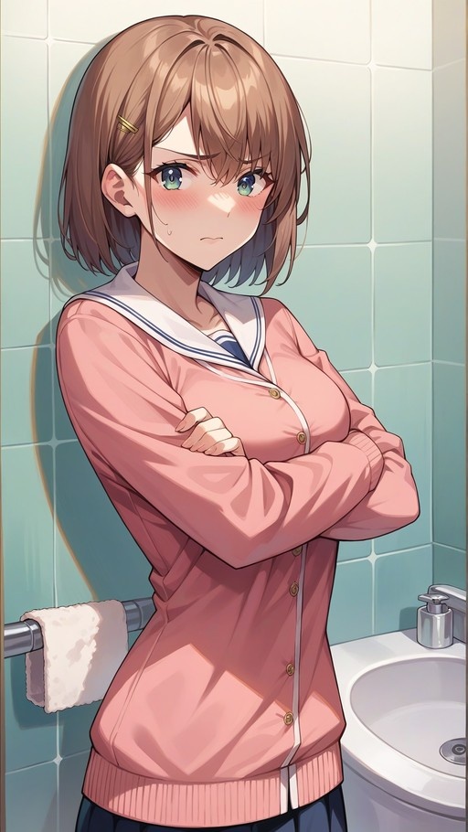 Anime girl with short brown hair and green eyes wearing a pink cardigan over a sailor uniform, standing with arms crossed in a bathroom.