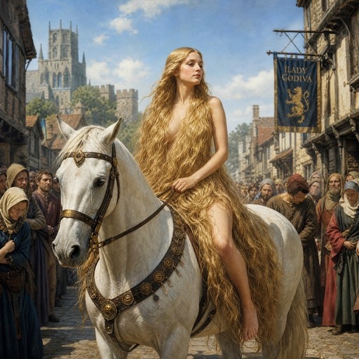 Lady Godiva with extremely long blonde hair covering her body rides a white horse through a medieval town square lined with onlookers and historic buildings.