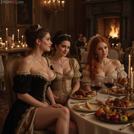 Three women in ornate Baroque gowns seated at a candlelit banquet table laden with fruit, meat, and wine inside a grand stone hall.
