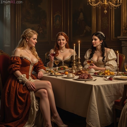 Three women in ornate historical gowns and tiaras seated at a long table with food and wine, illuminated by candles.